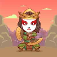 Kostenloser Vektor schöne frau geisha krieger hält handheld fan cartoon vector icon illustration leute urlaub flat