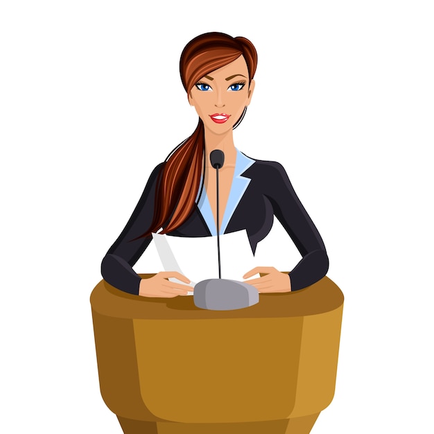 Schöne Frau im Business-Anzug mit Papier Konferenz Porträt isoliert auf weißem Hintergrund Vektor-Illustration