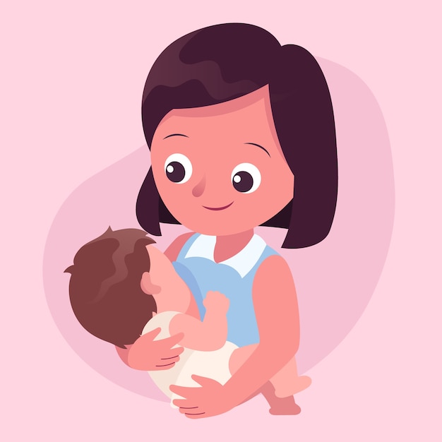 Kostenloser Vektor schöne frau mit ihrem baby beim stillen illustriert