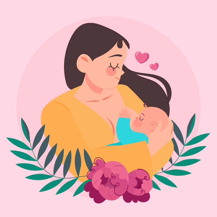 Kostenlose Vektor schöne frau mit ihrem baby beim stillen illustriert