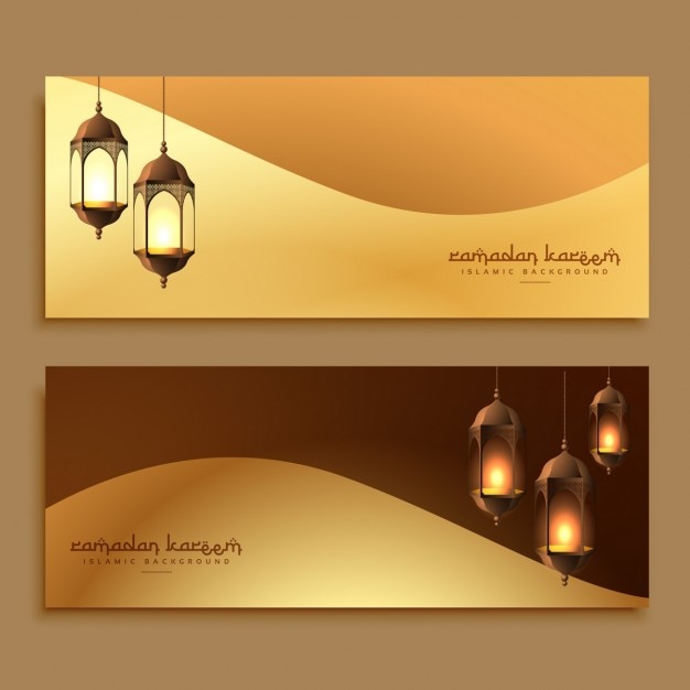 Kostenloser Vektor schöne goldene ramadan banner mit hängenden lampen