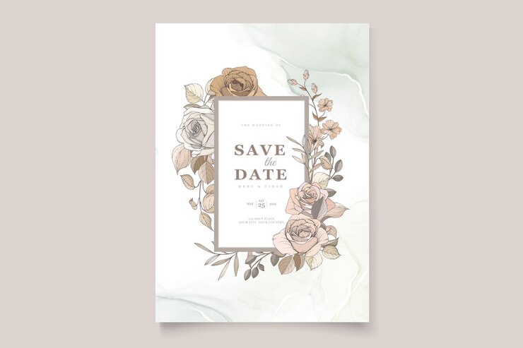 Kostenlose Vektor schöne handgezeichnete rosen hochzeitseinladungskartenset
