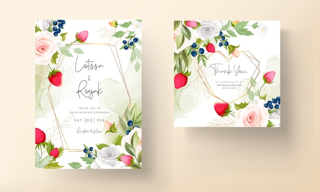 schöne handzeichnungsrosenblumenhochzeitseinladungskarte mit erdbeer- und beerendesign
