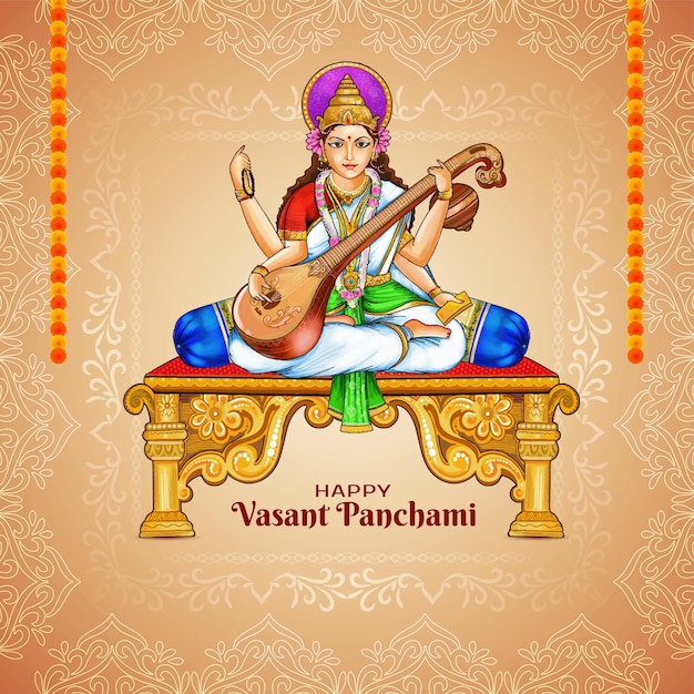 Schöne happy vasant panchami festival karte mit göttin saraswati design