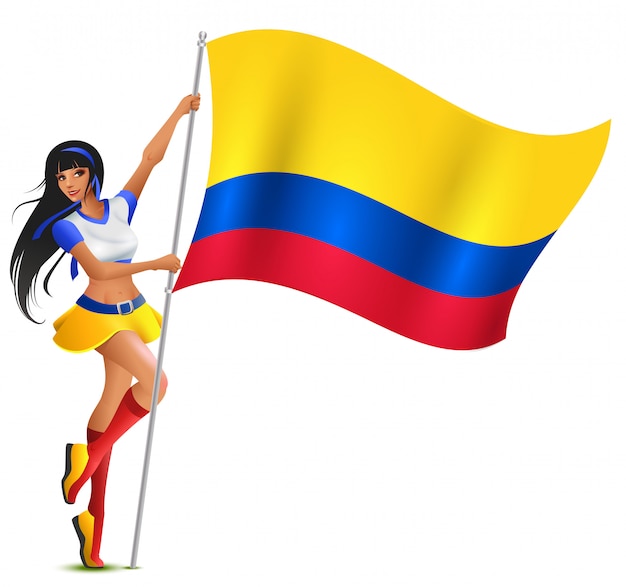 Schöne junge frauenfußball-cheerleader, die flagge von kolumbien halten