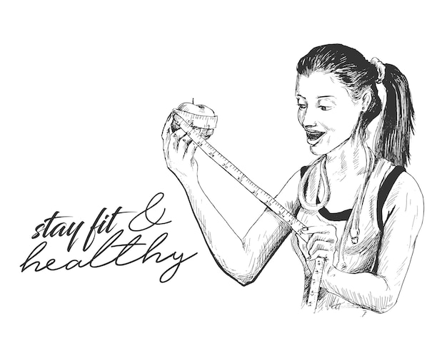 Schöne junge gesunde Frau mit einem Apfel misst Fitnessposter Diätplan