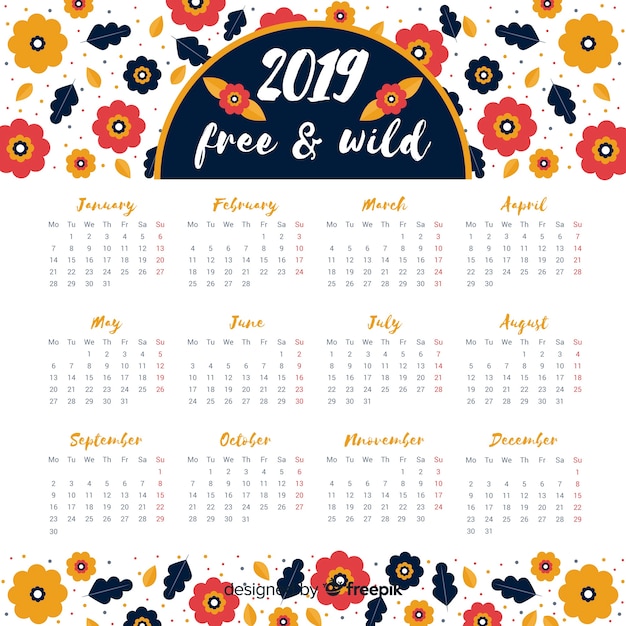 Kostenloser Vektor schöne kalendervorlage 2019 mit blumenart