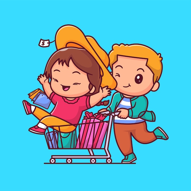 Schöne mann und frau einkaufen mit trolley cartoon vector icon illustration leute urlaub isoliert