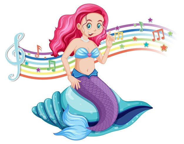 Schöne Meerjungfrau mit Melodiesymbolen auf Regenbogen