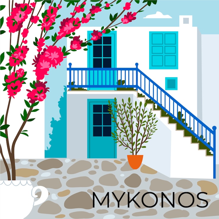 Kostenlose Vektor schöne mykonos-bestimmungsortillustration
