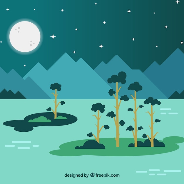 Schöne nachtlandschaft von meer und bäume