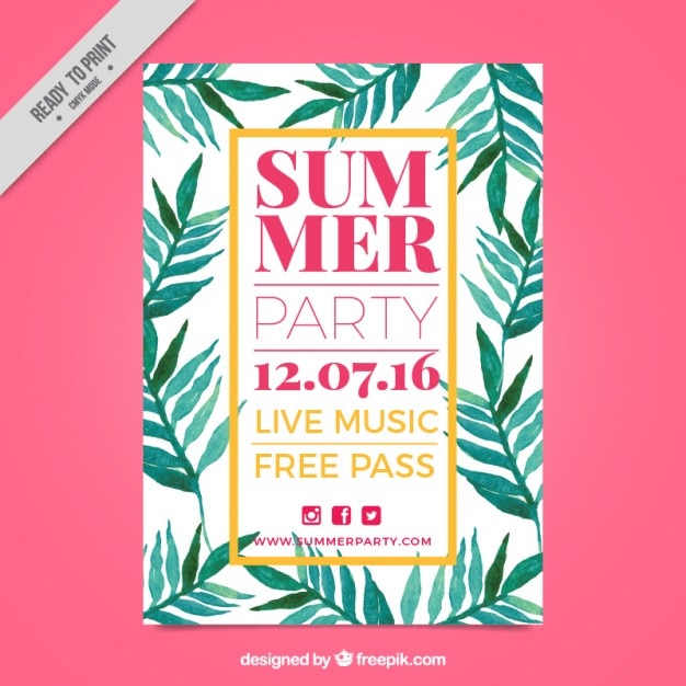 Kostenlose Vektor schöne sommer-party-broschüre mit hand bemalt palmblättern