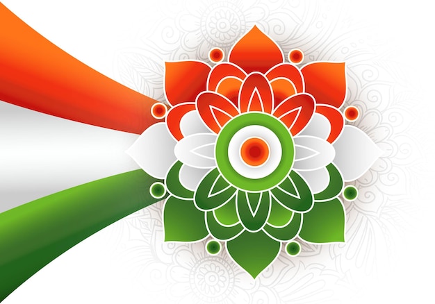 Schöne tricolor-mandala mit floralem hintergrund der indischen flaggenwellenkarte
