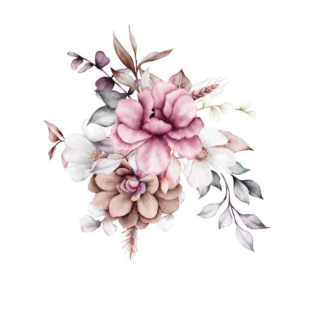 Kostenloser Vektor schöne vintage-blüte und blätter aquarell bouquet