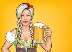 Kostenloser Vektor schöne weibliche kellnerin der pop-art, die ein glas bier in ihrer hand hält. oktoberfestfeier, blondes mädchen, das im traditionellen deutschen kostüm mit alkoholgetränk lächelt.