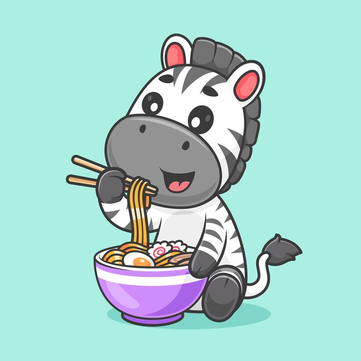 Kostenlose Vektor schöne zebra, die ramen-nudeln isst cartoon-vektor-ikonen illustration tiernahrungsmittel-iconen isolierte flach
