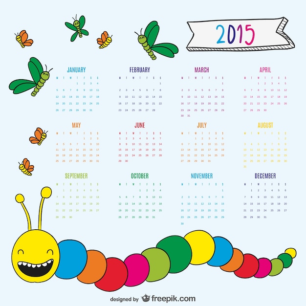 Kostenloser Vektor schöne zeichnung wurm und schmetterlingen kalender 2015