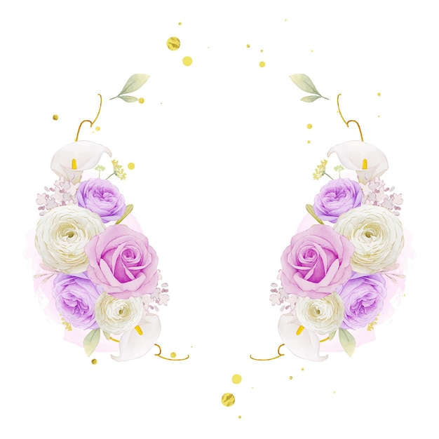 Kostenloser Vektor schöner blumenkranz mit aquarell lila rosenlilie und ranunkelnblume
