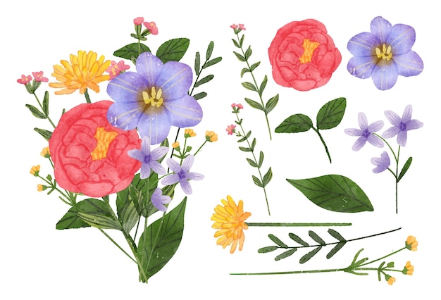 Schöner Blumenstrauß und Blätter zur Dekoration im Aquarellstil