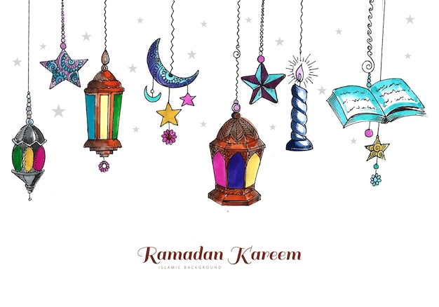 Schöner dekorativer islamischer ramadan kareem festivalgruß mit lampen- und mondhintergrund