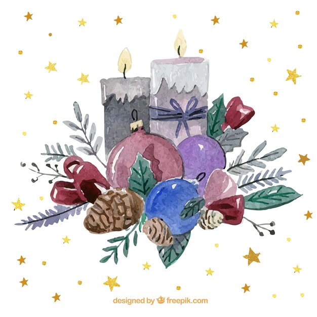 Schöner Weihnachtshintergrund mit Aquarellkerzen und -dekorationen