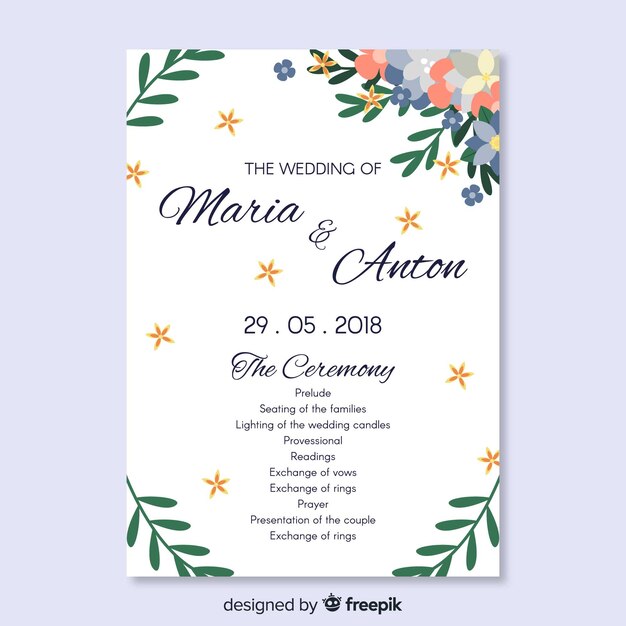 Schönes Hochzeitsprogramm mit flachem Design