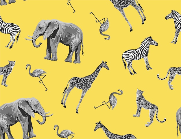 Schönes, nahtloses muster mit elefanten, giraffen, zebras, leoparden, flamingos, isoliert auf gelb