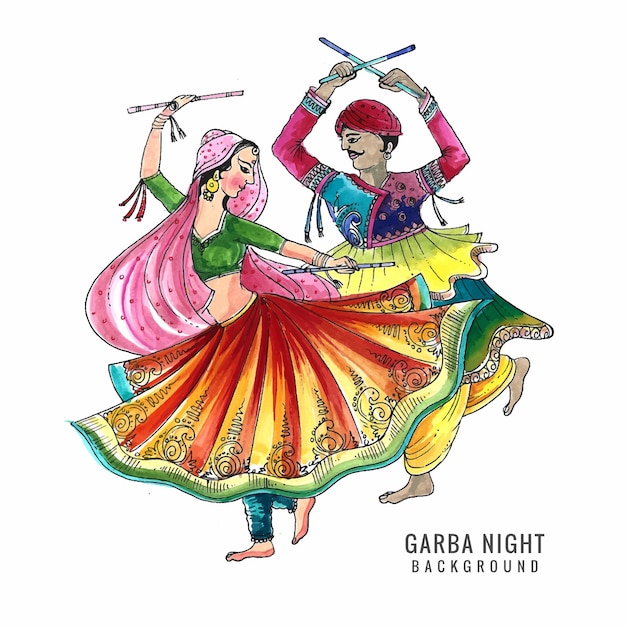 Schönes Paar, das Dandiya im Disco-Garba-Nachthintergrund spielt