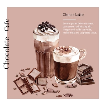 Schokoladenaquarellbestandteile, schokoladengetränk machend, illustration