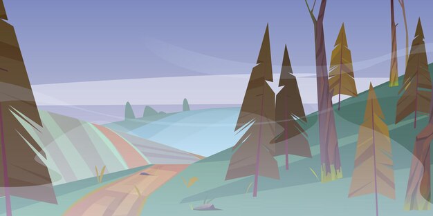 Schotterweg im nebligen Wald bei trübem Wetter Cartoon-Naturlandschaft mit Straße entlang Feld und Coni ...