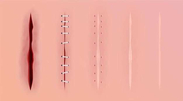 Kostenloser Vektor schrecknähte realistischer satz isolierter symbole mit ansichten von blutigen abschürfungen, nähten und hautregenerationsvektorillustration