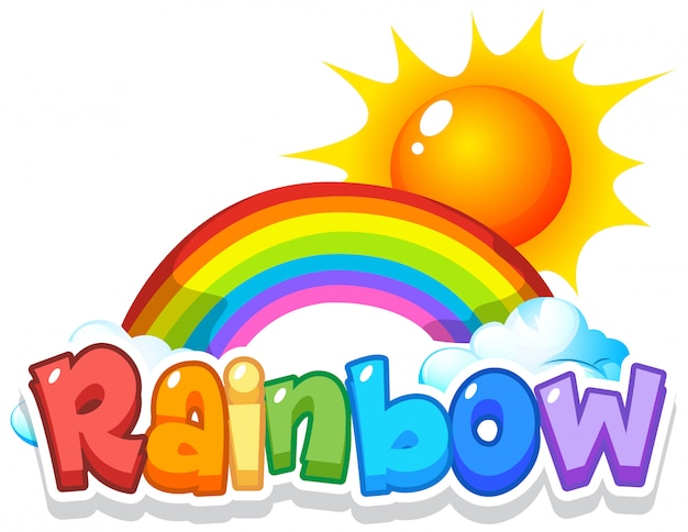 Kostenloser Vektor schriftdesign für wortregenbogen mit regenbogen im himmelhintergrund