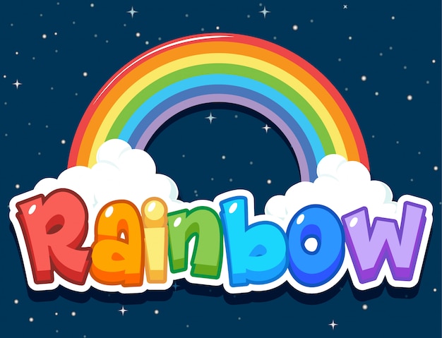 Schriftdesign für wortregenbogen mit regenbogen im himmelhintergrund