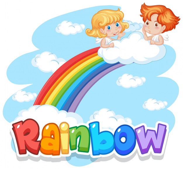 Schriftdesign für Wortregenbogen mit Regenbogen im Himmelhintergrund