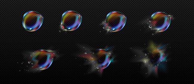 Schritte der Sequenz des Ausbruchs von Iridescent-Seifenblasen