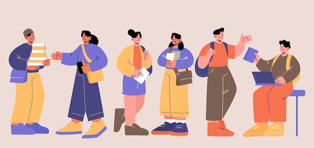 Schüler mit Büchern und Gadgets Schule College oder Universität Mädchen und Jungen Teenager kommunizieren Chat-Arbeit auf dem Laptop bereiten sich auf Prüfungen vor Klassenkameraden studieren Line Art Flat Vector Illustration