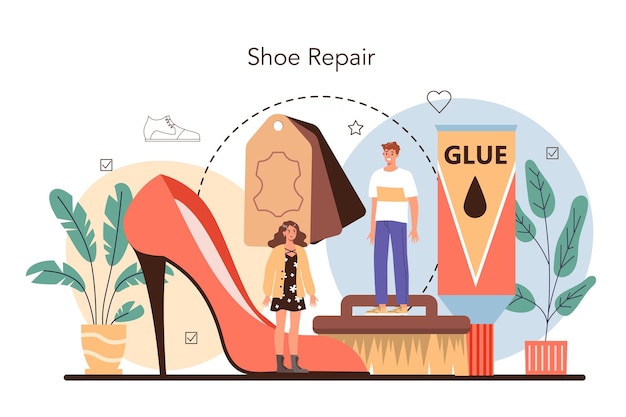 Schuhmacher-Konzept Handwerker, der eine Schürze trägt, die Schuh ausbessert Handgemachte Schuhe, die Schusterberuf herstellen Isolierte Vektorillustration