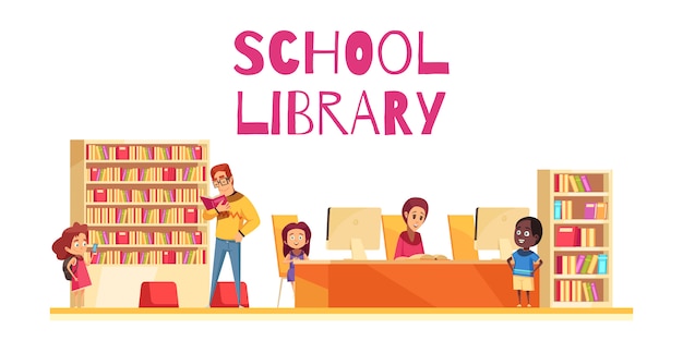 Schulbibliothek mit schülern bücherregale und computer auf weißem hintergrund cartoon
