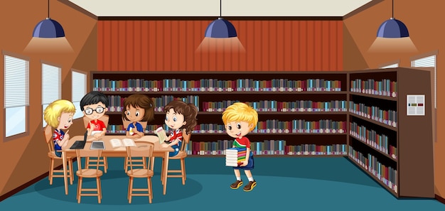 Schulbibliotheksinnenraum mit kindergruppe