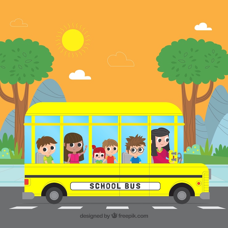 Kostenlose Vektor schulbus und kinder mit flachem design