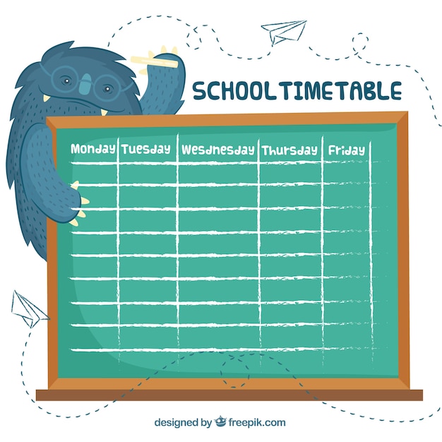 Schule zeitplan vorlage mit tafel und monster