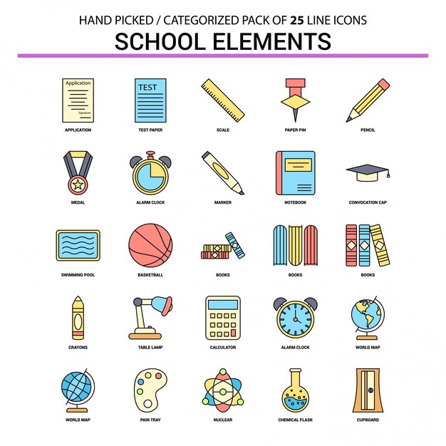 Schulelemente flache Linie Icon Set