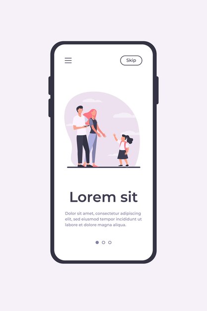 Schulmädchen mit Rucksack zu ihren Eltern. Mutter, die Hände zu Tochter, Vater unter Verwendung der flachen Vektorillustration der Zelle erreicht. Mobile App-Vorlage für Elternschafts- und Familienkonzept