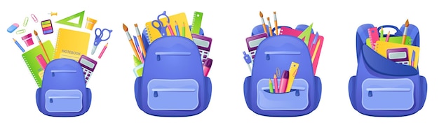 Schultasche mit lernmaterial und schreibwaren im rucksack