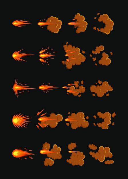 Schussanimation auf schwarzem hintergrundkarikaturillustrationssatz. orangefarbene kanonenblitze mit feuer und rauch, sprengwirkung oder kugelspur. explosion, waffe, explosion, burst-konzept