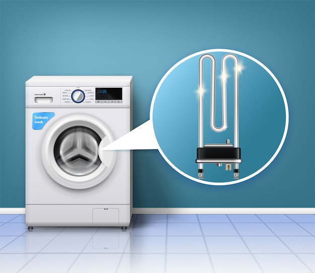 Schutzzusammensetzung der Waschmaschinenwaage mit realistischer Waschmaschine und Serpentinenrohrheizung in Innenräumen