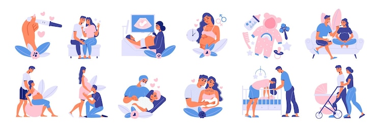 Kostenlose Vektor schwangere mutterschaft satz isolierter ikonenbilder von babysachen mit charakteren von eltern und arztvektorillustration