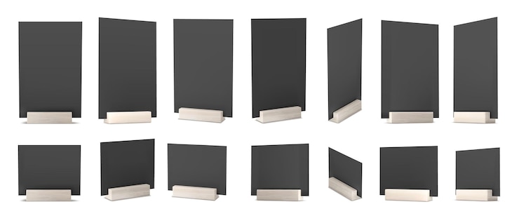 Kostenlose Vektor schwarz-karten-tisch-menühalter stand-vektor-mockup 3d-realistische a4 vertikale papier-flyer-mock-up-vorlage veranstaltungsbeförderung holz-foto-rahmen-design-set restaurant a5 etikett für informationsillustration