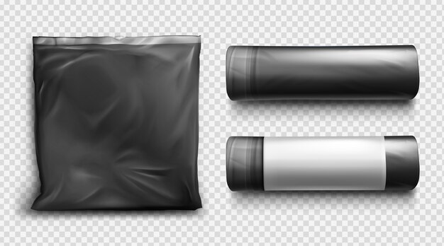 Schwarze Plastiktüte für Müll, Müll und Müll. Vektor realistisches Modell des Polyethylenmüllsacks mit Schnur.