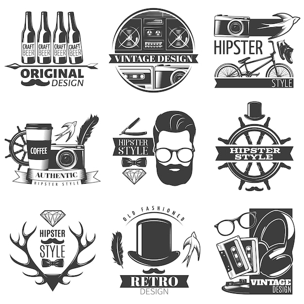 Schwarzer hipster-emblemsatz mit beschreibungen der ursprünglichen vektorillustration des vintage- und retro-design-hipster-stils